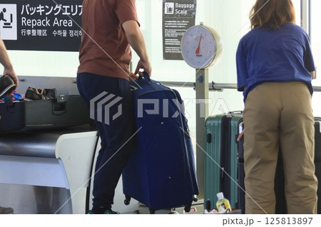 出国のためスーツケースの重量を計る訪日外国人 出国のためスーツケースの重量を計る訪日外国人 125813897