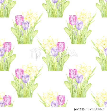 Hand drawn watercolor daffodil crocus and tulip with green leaves bouquet seamless pattern isolated on white background. Can be used for textile, fabric, scrapbook and other printed products. 125814023
