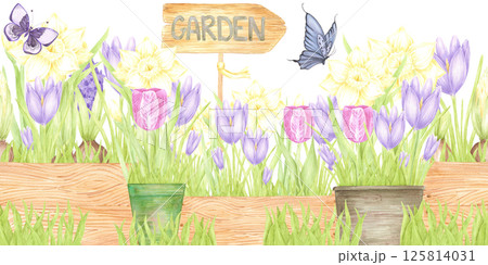 Hand drawn watercolor blooming flowers in pots and boxes seamless border isolated on white background. Can be used for textile, postcard, scrapbook and other printed products. Hand drawn watercolor blooming flowers in pots and boxes seamless border isolated on white background. Can be used for textile, postcard, scrapbook and other printed products. 125814031