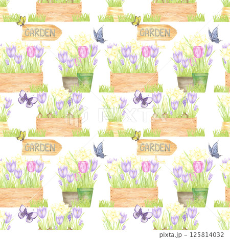 Hand drawn watercolor spring flowers in a pots and boxes with butterflies seamless pattern isolated on white background. Can be used for textile, fabric, scrapbook and other printed products. Hand drawn watercolor spring flowers in a pots and boxes with butterflies seamless pattern isolated on white background. Can be used for textile, fabric, scrapbook and other printed products. 125814032