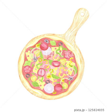 Hand drawn watercolor pizza with tomatoes pickles pepper and olives on wooden board isolated on white background. Can be used for label, card, scrapbook and other printed products. Hand drawn watercolor pizza with tomatoes pickles pepper and olives on wooden board isolated on white background. Can be used for label, card, scrapbook and other printed products. 125814035