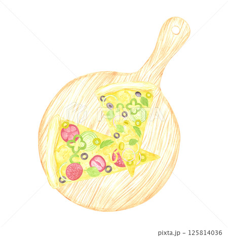 Hand drawn watercolor pizza with tomatoes pickles pepper and olives an wooden board isolated on white background. Can be used for label, card, scrapbook and other printed products. Hand drawn watercolor pizza with tomatoes pickles pepper and olives an wooden board isolated on white background. Can be used for label, card, scrapbook and other printed products. 125814036