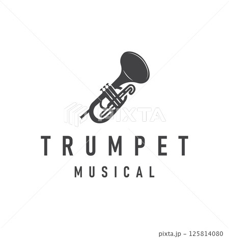 minimalist music trumpet logo design with old vintage concept black silhouette of musical instrument as symbol template 125814080