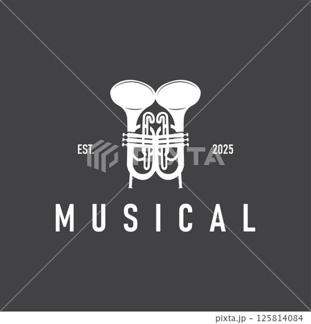 minimalist music trumpet logo design with old vintage concept black silhouette of musical instrument as symbol template 125814084