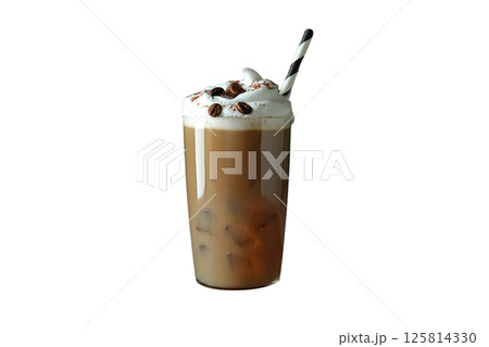 Refreshing iced coffee beverage with cream and dark roasted beans, isolated on white 125814330