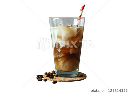 A tall glass filled with ice coffee and topped with cream, isolated on white 125814331