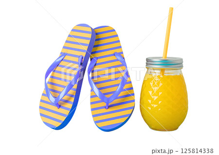 Colorful sandals and a cool drink create a perfect summer vibe, isolated on white 125814338