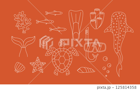 Freediving, scuba with whale shark, turtle, fish. Line vector underwater life, cute illustrations for logo, merch, travel sticker. Freediving, scuba with whale shark, turtle, fish. Line vector underwater life, cute illustrations for logo, merch, travel sticker. 125814358