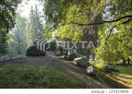 Scenic park with trees, large stones in sunny morning. Dendrological park in Yekaterinburg, Russia. 125814606