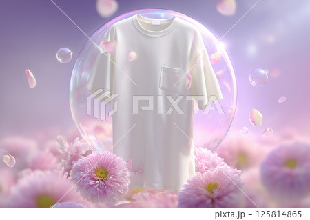 石鹸の泡とピンク色の花に包まれた白いTシャツ。洗濯洗剤や柔軟剤広告向けイメージ素材 125814865