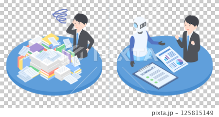 大量の文書に困っている男性とAIに要約してもらって喜んでいる男性 大量の文書に困っている男性とAIに要約してもらって喜んでいる男性 125815149