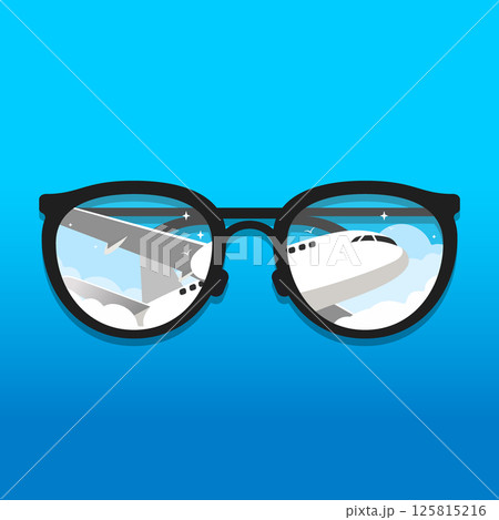 Travel in Sight. Airplane Reflected in Sunglasses Travel in Sight. Airplane Reflected in Sunglasses 125815216