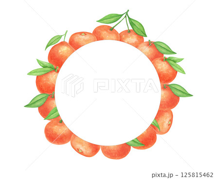 Citrus fruits watercolor round frame isolated on white background. Tangerines, oranges with leaves 125815462