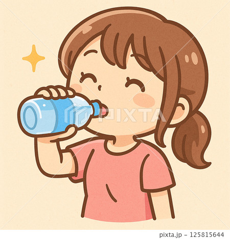 ミニキャラ風の女性がペットボトルで水分補給をしているイラスト 125815644