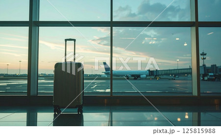 空港のガラス越しに飛行機を見つめるスーツケース 125815988