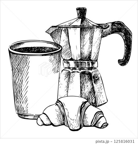 geyser coffeemaker, croissant, cup of coffee geyser coffeemaker, croissant, cup of coffee 125816031