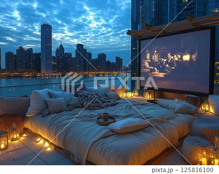 Warm Rooftop Cinema Under City Lights Warm Rooftop Cinema Under City Lights 125816100