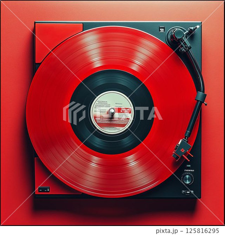 Red Vinyl Record on Turntable 125816295