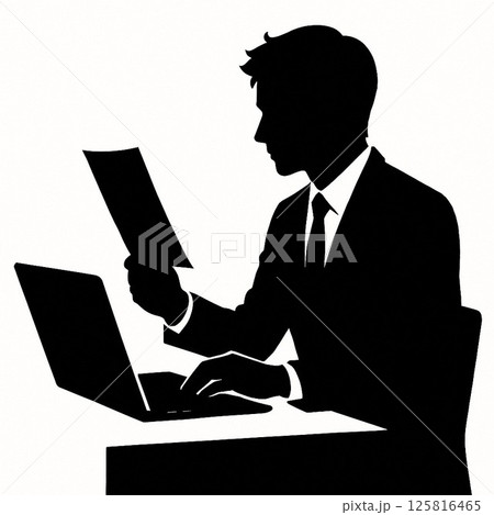 会社で書類を確認するビジネスマンのシルエット 125816465