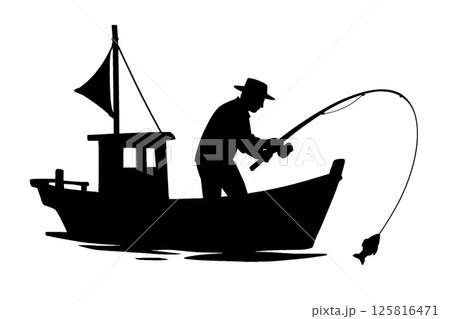 漁船で魚を釣り上げる漁師のシルエット 125816471