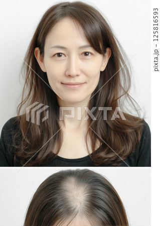 薄毛に悩む女性の正面と頭頂部を写したイメージ写真  125816593