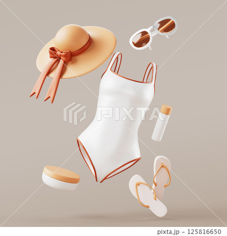 3d beach vacation stuff - swimsuit, hat, sunglasses, shoes and sunscreen bottle for women luggage. Summer travel girl accessories set. Tropical holiday female fashion clothes render. 3D illustration 125816650