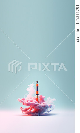 Vertical banner showcasing an electronic vape cigarette with smoke swirling in the air, set against a pink background with ample copy space for advertising 125816791