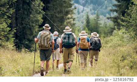 Group of senior adventurers enjoying a hike through lush, green landscapes, connecting with nature on their journey. Senior travelers on a hiking trail 125816792
