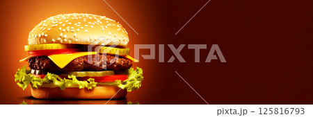 Banner featuring a mouthwatering double cheeseburger with beef patties and melted cheese, with ample copy space for text 125816793
