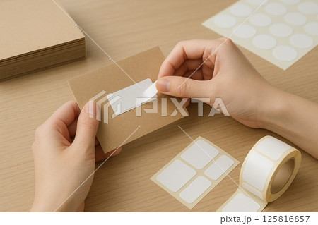 シール貼り作業の丁寧な手元 シール貼り作業の丁寧な手元 125816857