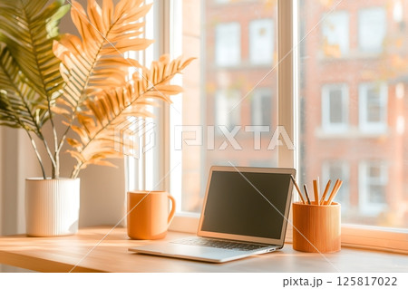 laptop on wooden table in coffee shop laptop on wooden table in coffee shop 125817022