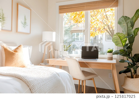 modern bedroom with white bed and pillows on bed 125817025