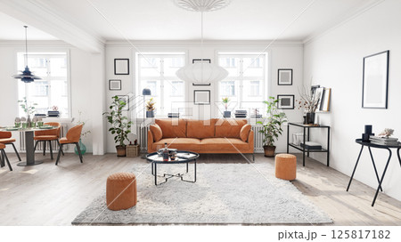 Bright living room with orange sofa 125817182