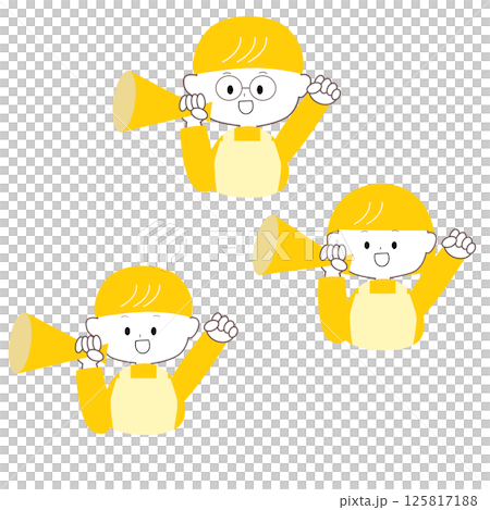 穿著圍裙的可愛男人和女人拿著擴音器歡呼 125817188