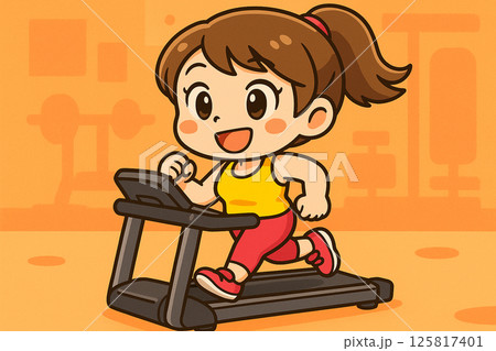 ランニングマシンで走る女性のミニキャライラスト（チビキャラ風） 125817401