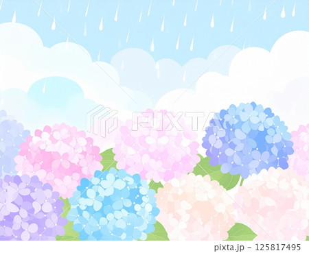 梅雨の雨の日の梅雨に咲く紫陽花のイラスト 梅雨の雨の日の梅雨に咲く紫陽花のイラスト 125817495