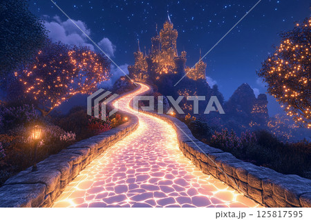 Majestic castle illuminated by glowing pathway at night under a starry sky 125817595
