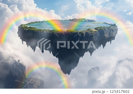Floating island with lush greenery and waterfalls under a vibrant rainbow sky 125817602
