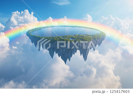 Floating island with lush greenery and waterfalls under a vibrant rainbow sky 125817603