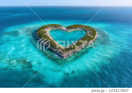 Heart-shaped island surrounded by turquoise water in a tropical setting 125817607