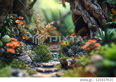 Lush tropical garden with vibrant plants and a serene pathway surrounded by greenery in a tranquil setting 125817615