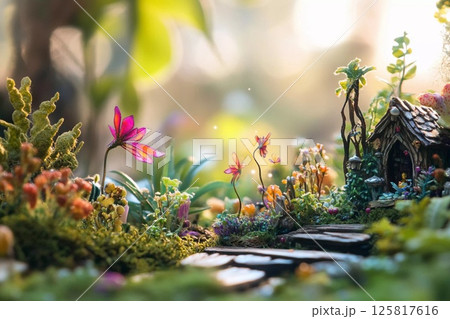 Lush tropical garden with vibrant plants and a serene pathway surrounded by greenery in a tranquil setting 125817616
