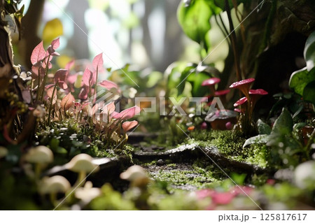 Lush tropical garden with vibrant plants and a serene pathway surrounded by greenery in a tranquil setting 125817617