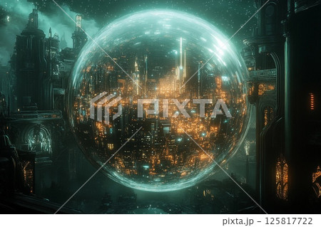 Futuristic city enclosed in a glowing sphere with reflections of skyscrapers and sunset over urban landscape 125817722