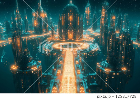 Floating city with geometric design illuminated at dusk above a tranquil landscape 125817729
