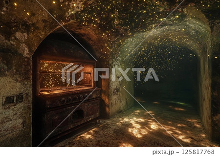 Underwater oven surrounded by magical fireflies illuminating the ancient walls in a mystical setting 125817768