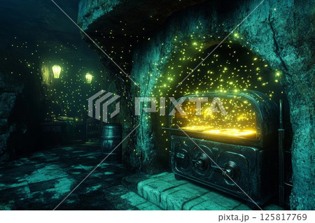 Underwater oven surrounded by magical fireflies illuminating the ancient walls in a mystical setting 125817769