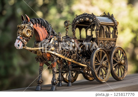 Intricate steampunk horse-drawn carriage showcasing unique mechanical design and vintage aesthetics in a dimly lit environment 125817770