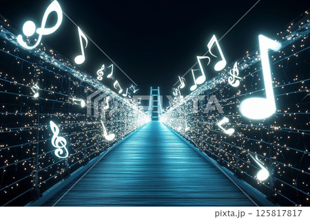 Musical bridge illuminated with shining notes creating a harmonious atmosphere at night 125817817