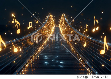 Musical bridge illuminated with shining notes creating a harmonious atmosphere at night 125817818